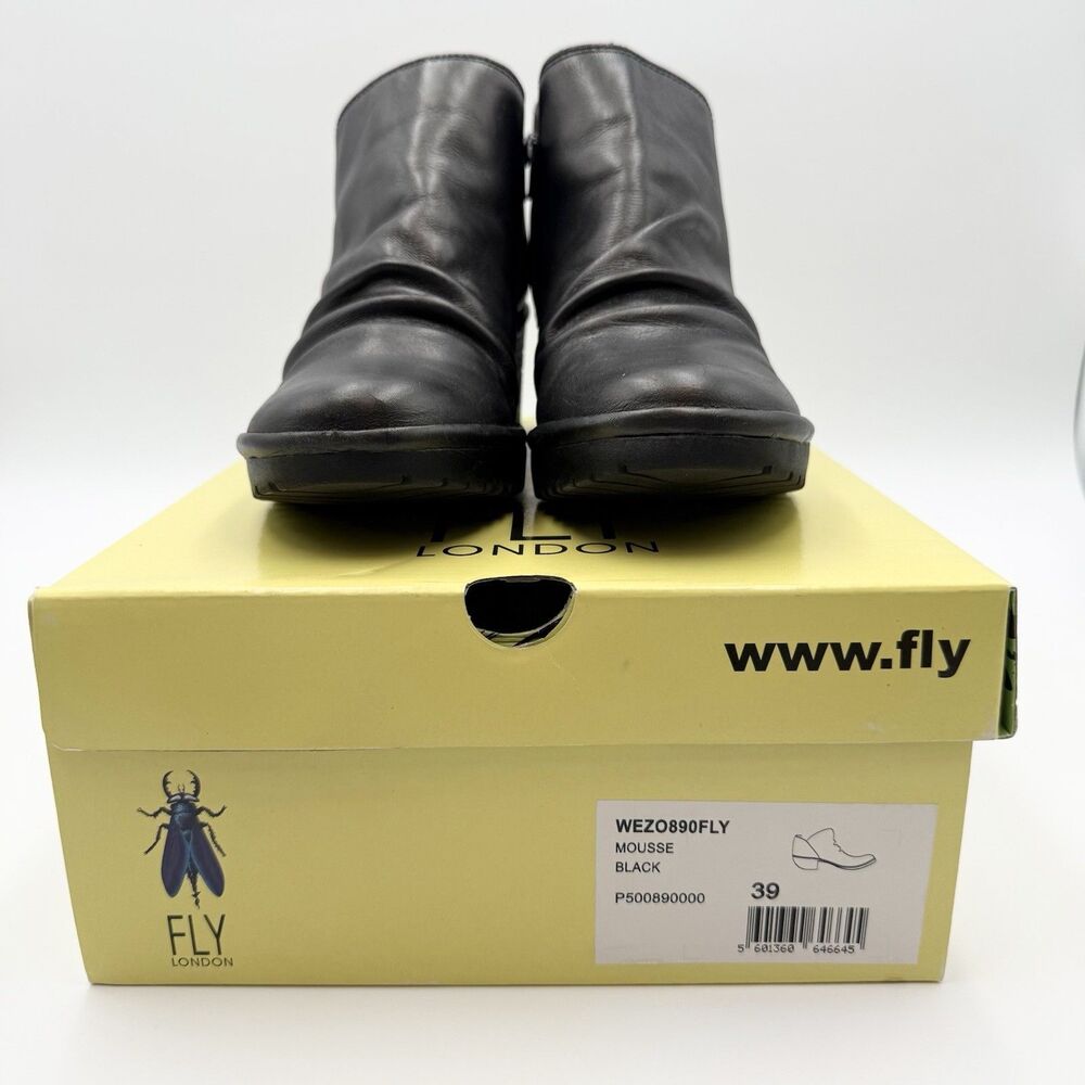 Fly London Wezo Mousse Black Leather Zipper Bootie Size EU 39